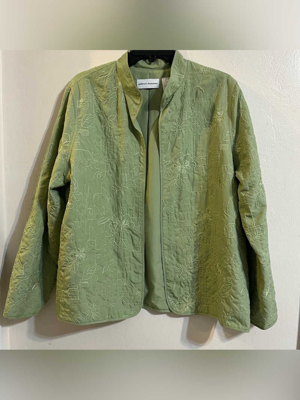 Alfred Dunner Sage Green Quilted Embroidered Floral Open Front Jacket Blazer 14